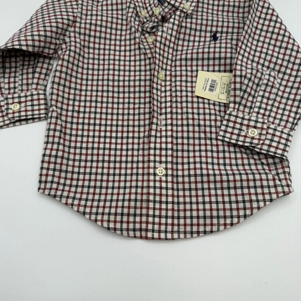 Ralph Lauren Button Down Shirt Kids 6-12 Months Red Plaid Cotton Long Sleeve NEW